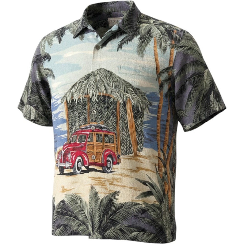 Kalaheo Mens Hawaiian Shirt Large Blue Red Woody Wagon Beach Hut Tropical Print